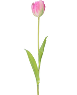 Una única flor artificial de tulipán francés de 63 cm de color rosa con un largo tallo verde y dos hojas verdes, aislada sobre un fondo blanco.