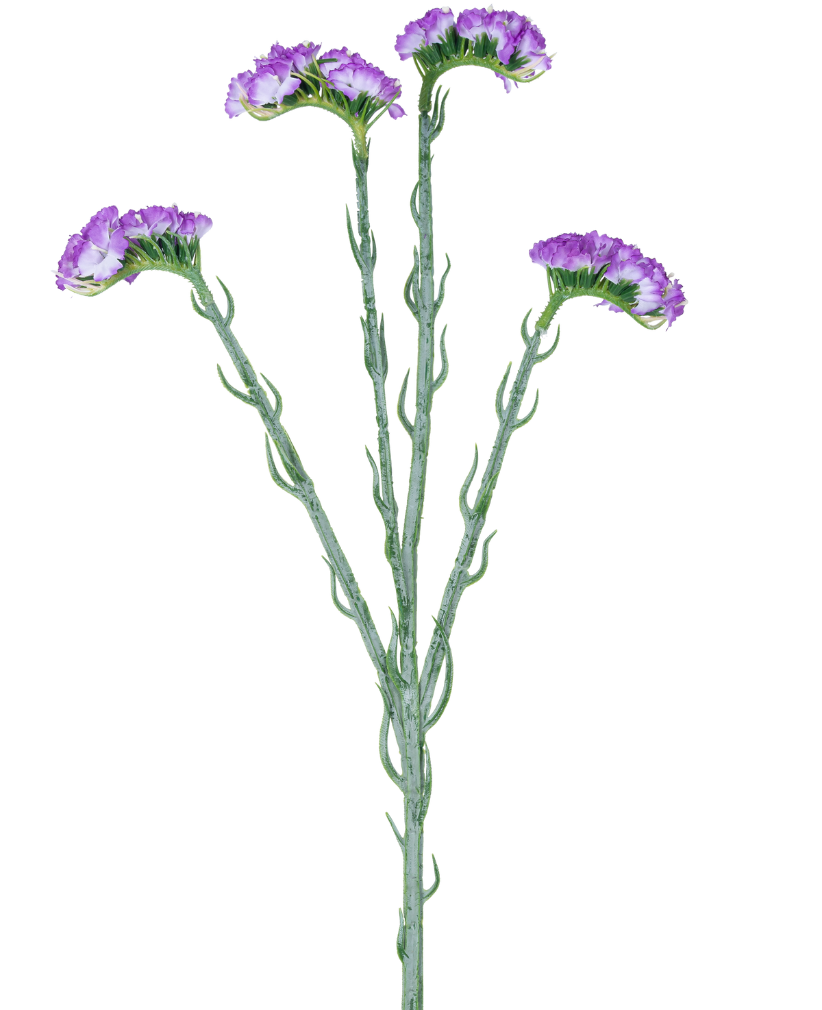 La rama artificial Statice de 64 cm violeta tiene un único tallo verde con cinco ramas, cada una cubierta con racimos de pequeñas flores violetas con volantes, sobre un fondo blanco.