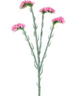 La Rama Artificial Statice 64 cm rosa tiene tres tallos verdes con pequeñas hojas rizadas, cada uno de los cuales termina en ramos de delicadas flores rosas, aisladas sobre un fondo blanco.