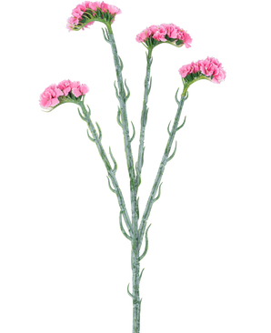 La Rama Artificial Statice 64 cm rosa tiene tres tallos verdes con pequeñas hojas rizadas, cada uno de los cuales termina en ramos de delicadas flores rosas, aisladas sobre un fondo blanco.