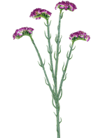 La rama artificial Statice de 64 cm de color violeta oscuro tiene tres tallos delgados de color verde con múltiples ramas, cada uno cubierto con una serie de pequeñas flores de color violeta oscuro con volantes, todas ellas sobre un fondo blanco.