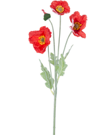 La Flor Artificial Amapola Real Touch roja 60 cm tiene un solo tallo con tres flores de amapola de color rojo vibrante, un capullo cerrado y hojas verdes, sobre un fondo blanco liso.
