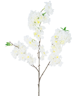 La Flor de Cerezo Artificial 106 cm blanca tiene una sola rama marrón con racimos de flores de cerezo artificiales blancas y pequeñas hojas verdes, sobre un fondo blanco liso.