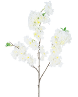 La Flor de Cerezo Artificial 106 cm blanca tiene una sola rama marrón con racimos de flores de cerezo artificiales blancas y pequeñas hojas verdes, sobre un fondo blanco liso.