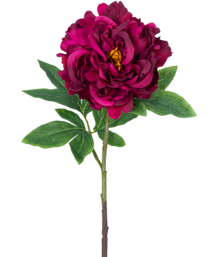 La flor de peonía artificial de 61 cm violeta es una única peonía artificial con pétalos en capas de color violeta oscuro, un corazón amarillo, hojas verdes y un tallo largo, representada sobre un fondo blanco liso.