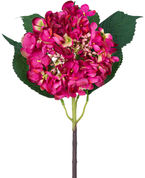 Una sola hortensia de jardín de flores artificiales de 61 cm con una flor de hortensia rosa y tres grandes hojas verdes sobre un fondo blanco.