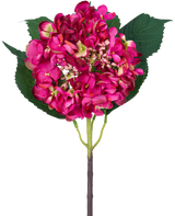 Una sola hortensia de jardín de flores artificiales de 61 cm con una flor de hortensia rosa y tres grandes hojas verdes sobre un fondo blanco.
