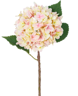 La Flor Artificial Hortensia Real Touch Rosa 58 cm es un único tallo de hortensia artificial con suaves pétalos de color rosa y dos grandes hojas verdes, perfecto para decoración y presentado sobre un fondo blanco.