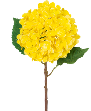 La Flor Artificial Hortensia Real Touch amarilla 58 cm tiene una sola hortensia amarilla con pétalos en capas, dos grandes hojas verdes y un tallo marrón, sobre un fondo blanco liso.