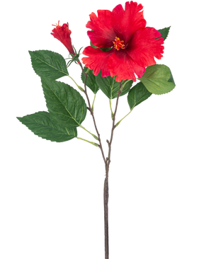 La flor artificial Hibiscus 63 cm roja tiene un solo tallo con flores de hibisco de color rojo vibrante y hojas verdes sobre un fondo blanco liso.