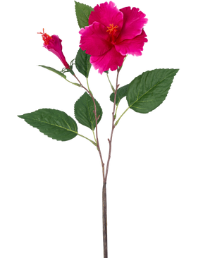 La Flor Artificial Hibiscus 64 cm rosa tiene un único tallo artificial con hojas verdes, una gran flor rosa abierta y un capullo cerrado, todo sobre un fondo blanco liso.