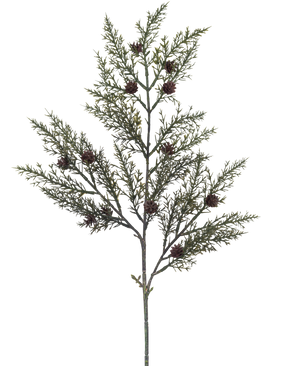 La rama artificial de pino aguja de 65 cm verde tiene una sola rama con finas hojas verdes en forma de agujas y pequeñas piñas marrones sobre un fondo blanco.