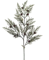La rama artificial de pino aguja de 65 cm verde tiene una sola rama con finas hojas verdes en forma de agujas y pequeñas piñas marrones sobre un fondo blanco.