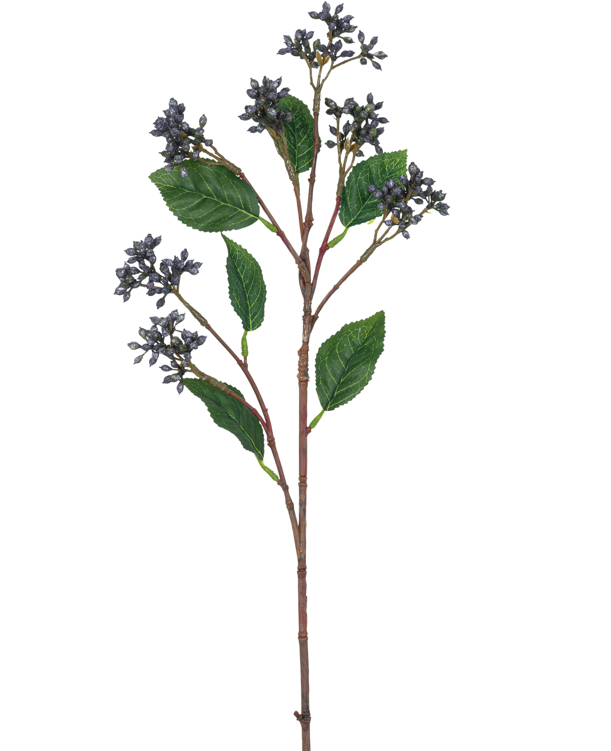 La Rama Artificial Bayas 64 cm azul acero tiene una única rama artificial con racimos de pequeñas bayas azul acero y varias hojas verdes sobre tallos de color marrón rojizo, perfectas para decoración.