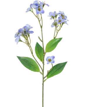 Una Orquídea Artificial Real Touch Púrpura de 50 cm tiene un solo tallo verde con varias ramas, cada una decorada con racimos de pequeñas flores de orquídeas de color violeta claro y hojas verdes, sobre un fondo blanco.