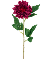 La Flor Artificial Dalia Real Touch rojo oscuro 54 cm tiene una única flor de dalia de color rojo intenso con hojas verdes en un tallo, aislada sobre un fondo blanco.