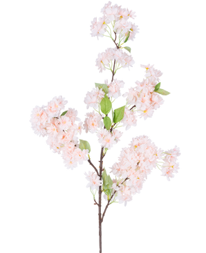 Una única Flor de Cerezo Artificial 100 cm rosa claro tiene racimos de flores de cerezo de color rosa claro con hojas verdes sobre un fondo blanco.