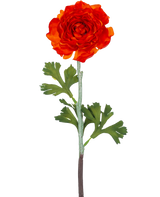 La flor artificial Ranunculus de 51 cm de color naranja oscuro tiene una vibrante flor de ranúnculo artificial de color naranja oscuro con pétalos en capas y hojas verdes lobuladas sobre un tallo largo, sobre un fondo blanco liso.