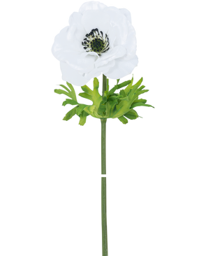 La Flor Artificial Anémona Real Touch White 52 cm tiene una única flor blanca con pétalos delicados, un corazón oscuro y hojas verdes sobre un tallo largo y recto, sobre un fondo blanco liso.