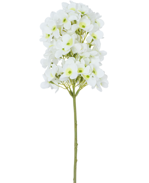 La Flor Artificial Bola de Nieve Real Touch Blanca 58 cm tiene un solo tallo con ramos de pequeñas flores blancas y corazones de color verde claro, sobre un fondo liso blanco.