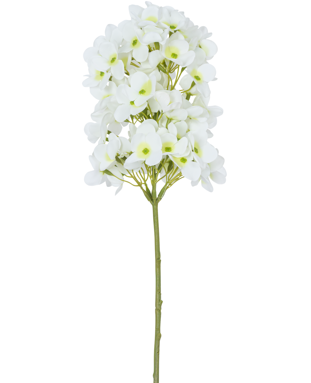 La Flor Artificial Bola de Nieve Real Touch Blanca 58 cm tiene un solo tallo con ramos de pequeñas flores blancas y corazones de color verde claro, sobre un fondo liso blanco.