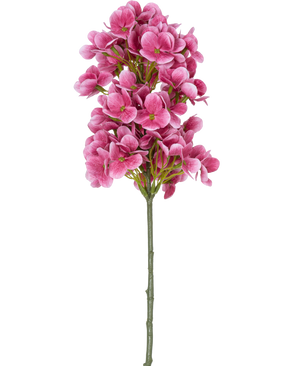 Un solo tallo de la Flor Artificial Bola de Nieve Real Touch Rosa 58 cm, con racimos de flores artificiales tipo hortensias de color rosa brillante con un corazón verde, aisladas sobre un fondo blanco.