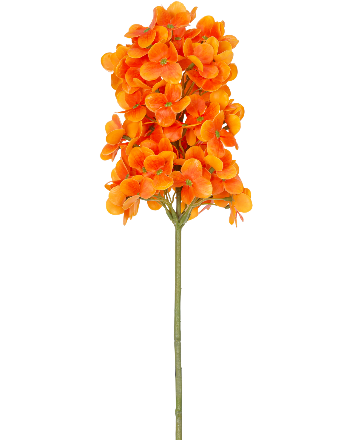 Una única flor artificial Snowball Real Touch Orange, de 58 cm de altura, tiene flores agrupadas de color naranja brillante sobre un tallo verde, sobre un fondo blanco liso.