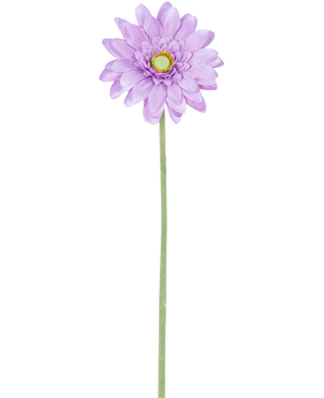 La flor artificial mini Gerbera lila de 47 cm tiene una sola flor violeta claro parecida a una margarita con pétalos en capas y un centro amarillo sobre un tallo verde largo y delgado, perfecto para exhibir sobre un fondo blanco.