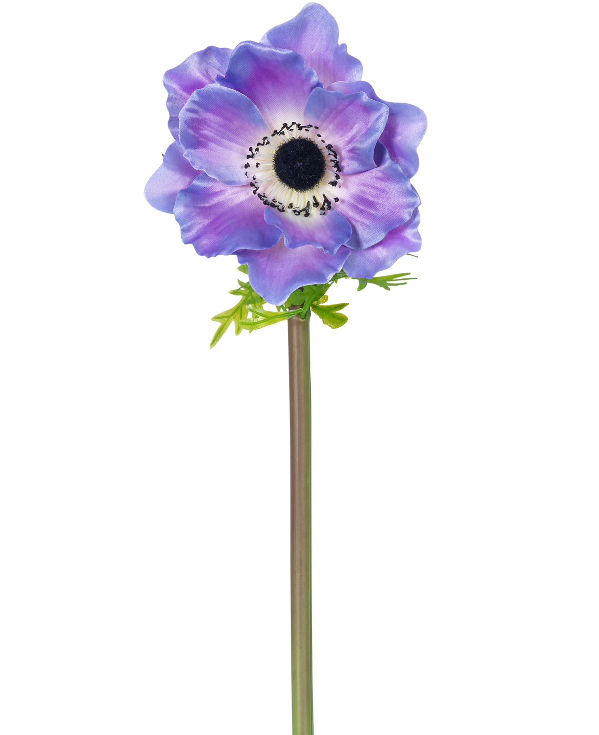 La flor artificial Anémona Deluxe 43 cm violeta tiene una única anémona violeta con un corazón oscuro y delicados pétalos sobre un largo tallo verde, representada aislada sobre un fondo blanco.