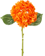 La Flor Artificial Hortensia Charlotte Real Touch naranja 49 cm tiene una flor de hortensia naranja con pétalos realistas, hojas verdes y un tallo largo, aislada sobre un fondo blanco.