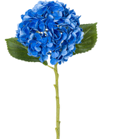 La Flor Artificial Charlotte Hydrangea Real Touch Blue 49 cm es una única hortensia azul con hojas verdes y un tallo largo, representada sobre un fondo blanco.