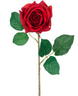 La Rosa Artificial "Emine" Real Touch Roja de 43 cm tiene una única rosa roja con hojas de un verde vibrante en un tallo largo, sobre un fondo blanco liso.