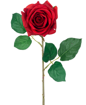 La Rosa Artificial "Emine" Real Touch Roja de 43 cm tiene una única rosa roja con hojas de un verde vibrante en un tallo largo, sobre un fondo blanco liso.