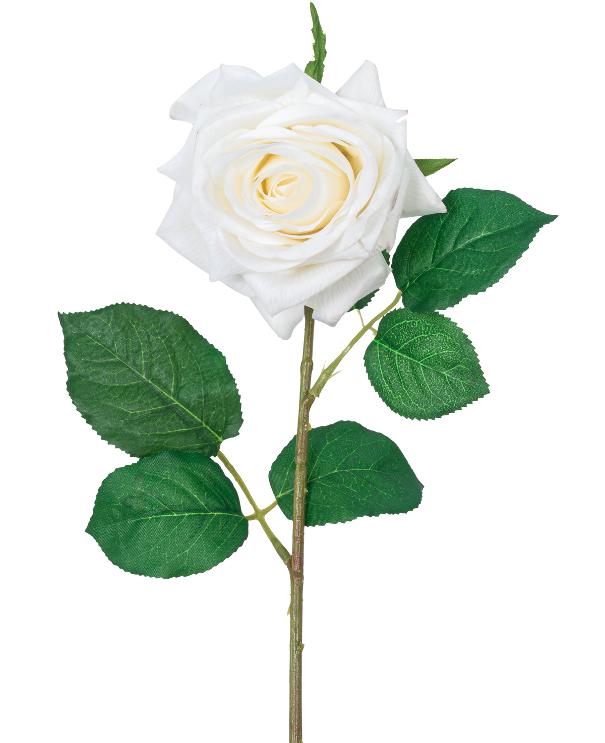 La Rosa Artificial "Emine" Real Touch White de 43 cm tiene una única rosa blanca con pétalos en capas y hojas verdes en un tallo largo, sobre un fondo blanco liso.