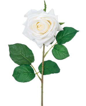 La Rosa Artificial "Emine" Real Touch White de 43 cm tiene una única rosa blanca con pétalos en capas y hojas verdes en un tallo largo, sobre un fondo blanco liso.