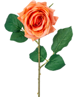 La rosa hidratante Artificial Flower Crystal Touch tiene una flor de color naranja Real Touch con hojas verdes y un tallo de 43 cm de largo, sobre un fondo blanco liso.