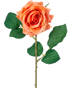 La rosa hidratante Artificial Flower Crystal Touch tiene una flor de color naranja Real Touch con hojas verdes y un tallo de 43 cm de largo, sobre un fondo blanco liso.