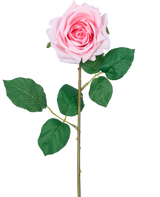 La Rosa Artificial "Emine" Real Touch Pink 43cm es una única rosa artificial de color rosa claro con pétalos en capas, hojas verdes y un tallo largo, sobre un fondo blanco.