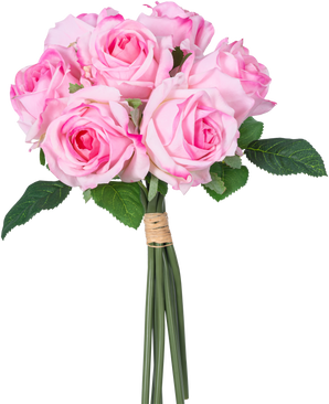 Un ramo de rosas artificiales de 7 rosas rosadas Real Touch (30 cm) con hojas verdes, atadas con cordel y fotografiadas sobre un fondo blanco.