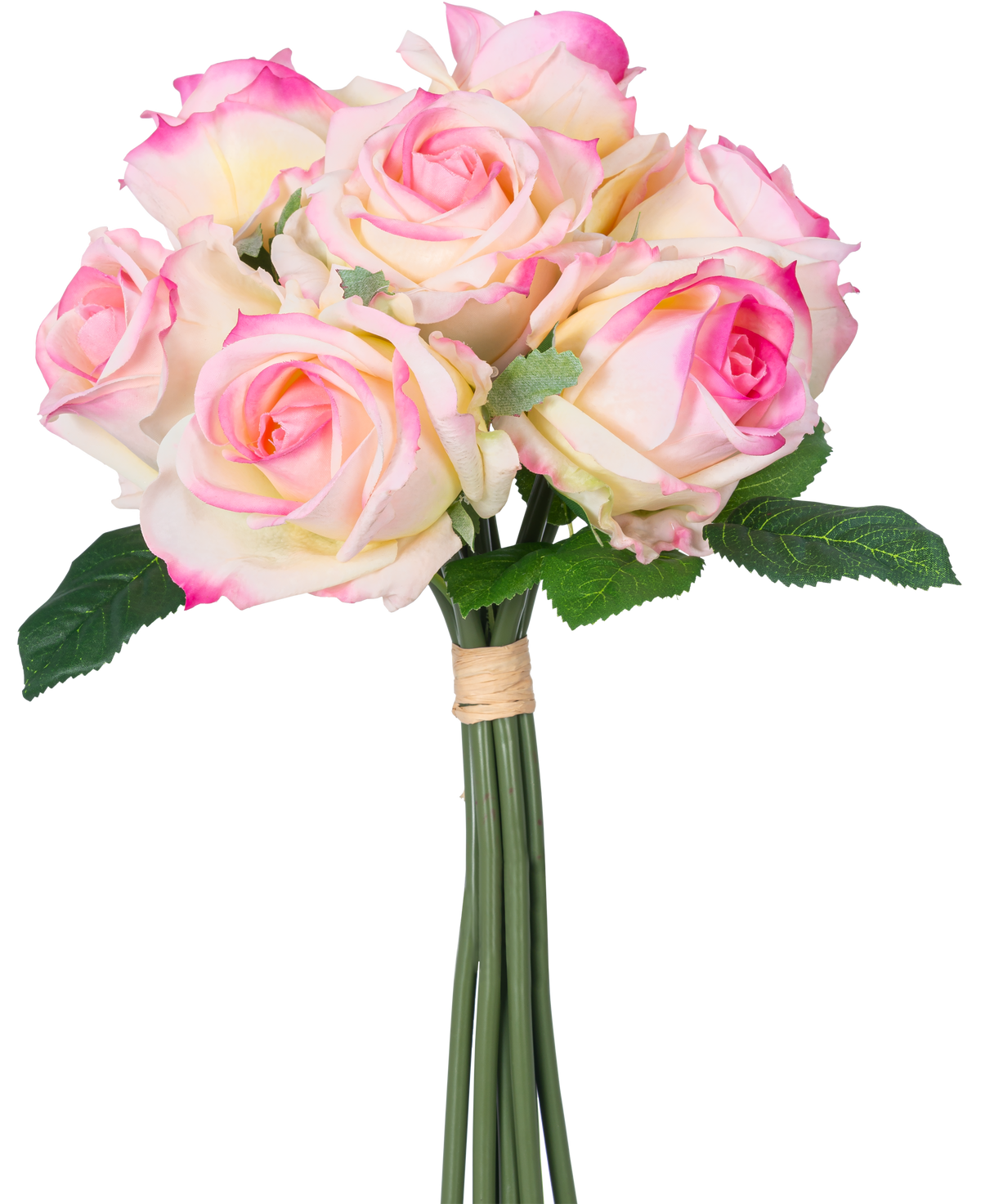 El Ramo de Rosas Artificiales 7 Rosas Real Touch Crema/Rosa 30 cm tiene siete rosas artificiales de color crema y rosa con hojas verdes y tallos largos, atadas con una cinta marrón y representadas sobre un fondo blanco.