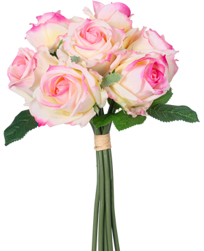 El Ramo de Rosas Artificiales 7 Rosas Real Touch Crema/Rosa 30 cm tiene siete rosas artificiales de color crema y rosa con hojas verdes y tallos largos, atadas con una cinta marrón y representadas sobre un fondo blanco.