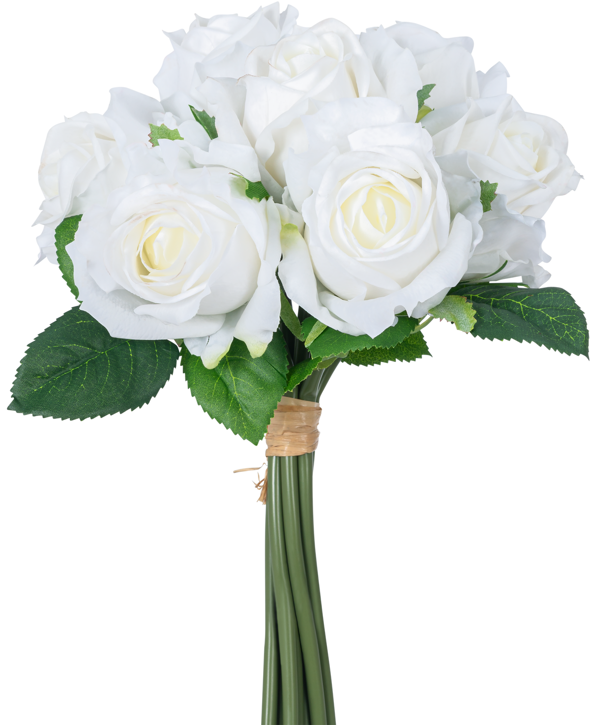 El Ramo de Rosas Artificiales 7 Rosas Real Touch Blanco 30 cm tiene un ramo de rosas artificiales blancas con hojas verdes, los tallos unidos por una banda de goma marrón, representados sobre un fondo blanco liso.