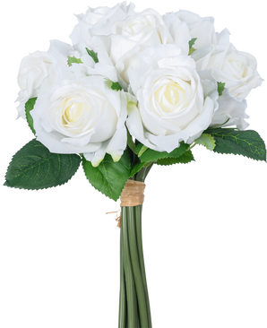 El Ramo de Rosas Artificiales 7 Rosas Real Touch Blanco 30 cm tiene un ramo de rosas artificiales blancas con hojas verdes, los tallos unidos por una banda de goma marrón, representados sobre un fondo blanco liso.