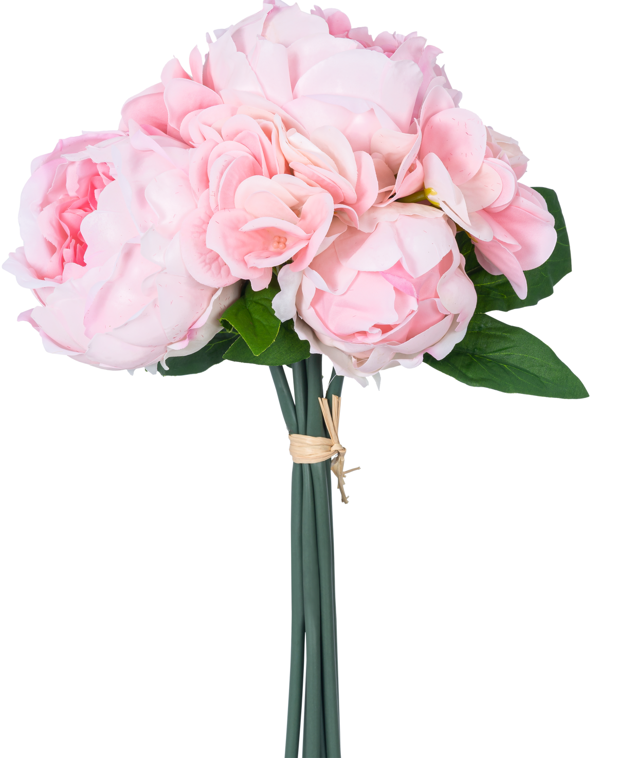 El Ramo Artificial Mix Flowers Real Touch Pink 30 cm tiene peonías y hortensias artificiales de color rosa claro con hojas verdes, atadas con una cuerda marrón, sobre un fondo blanco liso.
