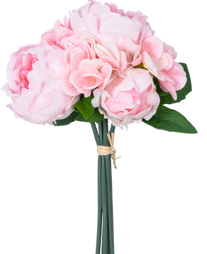 El Ramo Artificial Mix Flowers Real Touch Pink 30 cm tiene peonías y hortensias artificiales de color rosa claro con hojas verdes, atadas con una cuerda marrón, sobre un fondo blanco liso.