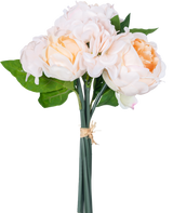 Un ramo de flores artificiales mixtas Real Touch Champagne 30 cm tiene flores artificiales realistas de color rosa y melocotón con hojas verdes y capullos de loto, atadas con una cuerda sobre un fondo blanco.