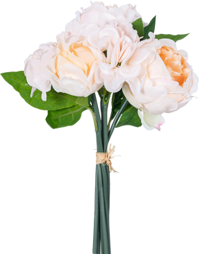 Un ramo de flores artificiales mixtas Real Touch Champagne 30 cm tiene flores artificiales realistas de color rosa y melocotón con hojas verdes y capullos de loto, atadas con una cuerda sobre un fondo blanco.