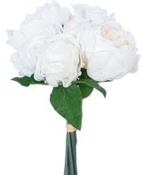 El Ramo Artificial de flores mixtas Real Touch White 30 cm tiene flores blancas realistas y hojas verdes, elegantemente envueltas con una banda y sobre un fondo blanco liso.