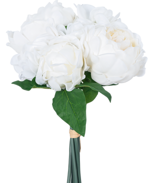 El Ramo Artificial de flores mixtas Real Touch White 30 cm tiene flores blancas realistas y hojas verdes, elegantemente envueltas con una banda y sobre un fondo blanco liso.