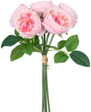 El Ramo de Rosas Artificiales "Carmen" Real Touch Pink 36 cm tiene peonías de color rosa claro con hojas verdes, atadas con una cuerda marrón.
